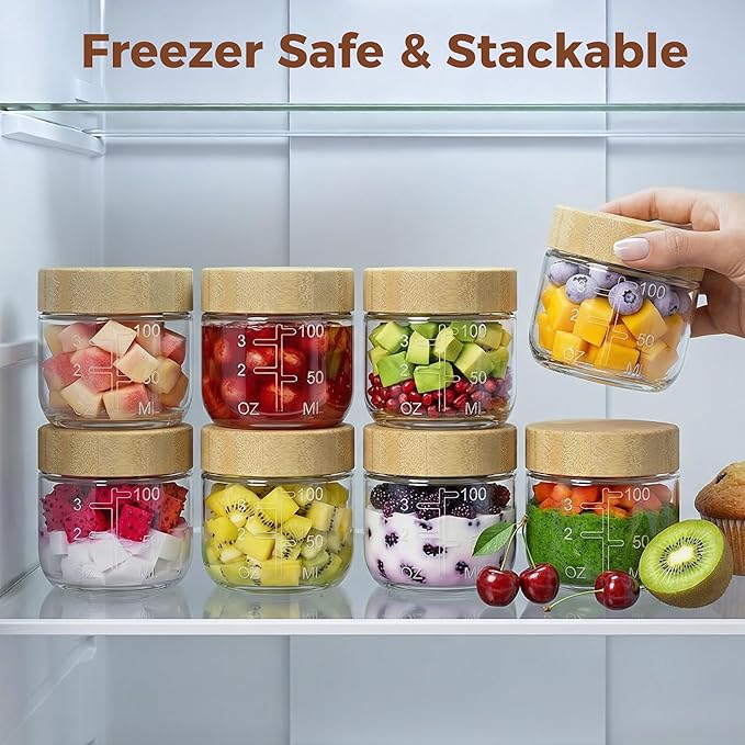 HomArtist 3oz Glass Salad Dressing Containers with Bamboo Lids - 6 Pack Small Airtight Condiment Cups, Mini Sauce Jars for Picnic, Ketchup, Dip & Snacks, Leakproof, BPA-Free & Dishwasher Safe