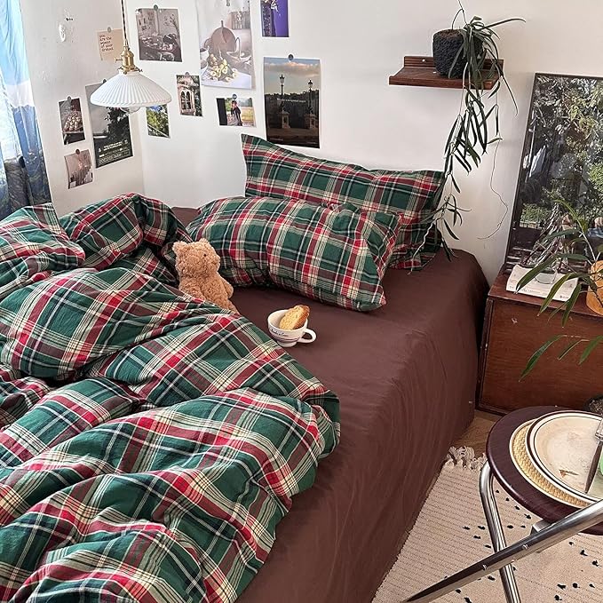 mixinni Vintage Green Buffalo Plaid Washed Cotton Duvet Cover Twin - Soft Breathable Textured Bedding Set with Zipper Closure for All Seasons-1 Duvet Cover + 2 Pillow Shams-Twin Size