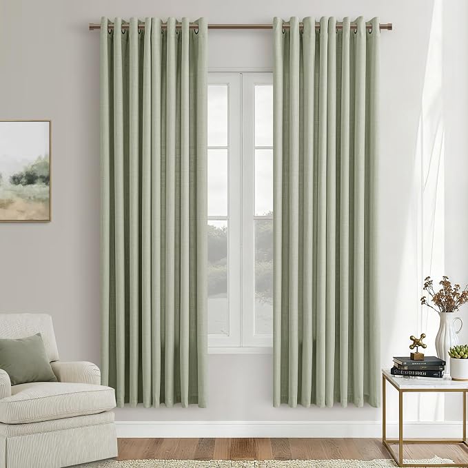 Sage Green 72 Inch Curtains, Bronze Grommet Light Filtering Privacy Drapes Non See Through Semi Sheer Faux Linen Living Room Window Bohemian Neutral Curtains 72 Inch Long for Bedroom Light Green