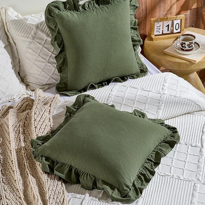 AmHoo Pack of 2 Throw Pillow Covers 100% Cotton Pre Washed Ruffle Decorative Pillowcase Cushion for Couch Sofa Bedroom 20 x 20-Inch Olive Green