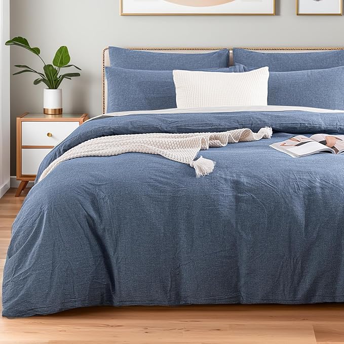 NEXHOME PRO Duvet Cover Full 100% Washed Cotton, Heathered Blue Breathable, Durable, Textured, Linen Like, Home Bedding Set 80"x90"