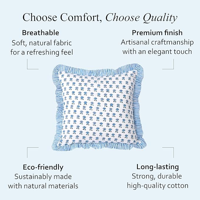 CPC Arctic Blue Hand Block Print 100% Cotton Ruffle Throw Pillow Cover 18x18 inch with Hidden Zipper Decorative for Couch, Bed, Sofa, Farmhouse, Cottagecore Decor Gift Christmas Fall Thanksgiving