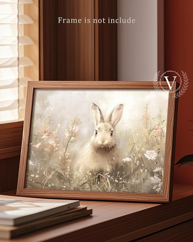 Vodefoad Easter Bunny Vintage Print, Rabbit in Spring Landscape Painting, Funny Rustic Summer Decor, Hare Nursery Wall Art Printable, Neutral Moody Meadow Oil Painting Vintage Art Pictures for Bedroom Bathroom Decor - 8x10Inch Unframe