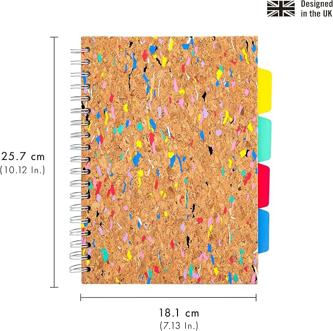 Pukka Pad, Pukka Planet Cork B5 Multi-Subject Notebook – Wire Bound Project Book with 200 Pages, 100 Sheets of FSC Recycled 8mm Lined Paper & Tabbed Dividers for Home, School, & Office, 10.12 x 7.3in