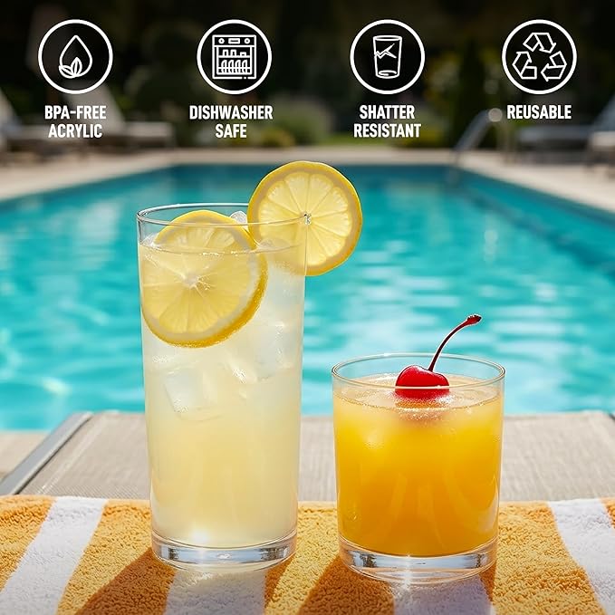 Zulay Kitchen Plastic Drinking Glasses (Set of 16) – Mixed 16oz & 12oz Acrylic Shatterproof Cups for Home, Kitchen & Outdoors – Crystal Clear Glass Look – BPA & Lead-Free – Top-Rack Dishwasher Safe
