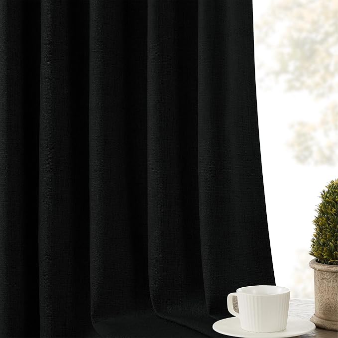 CUCRAF Linen 100% Blackout Curtains 90 Inch Length 2 Panels Set, Back Tab and Rod Pocket Curtain for Living Room Bedroom, Room Darkening Window Drapes Thermal Insulated, (52x90 inch, Black)