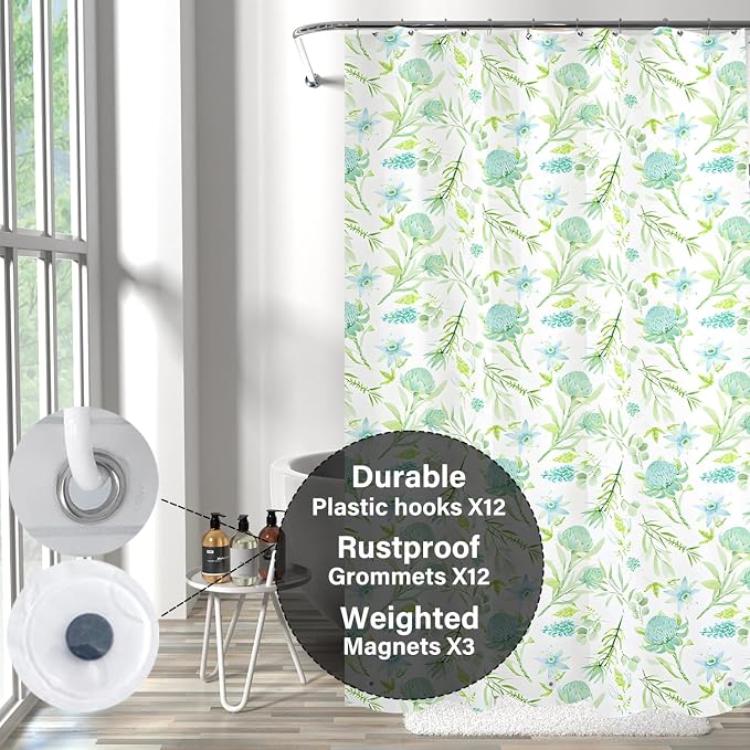 Plastic Shower Liner - Premium EVA 6G Shower Curtain Liner with Rustproof Grommets and 3 Weighted Magnets, Waterproof Shower Curtains for Bathroom (Green Daisy, 72" x 72")