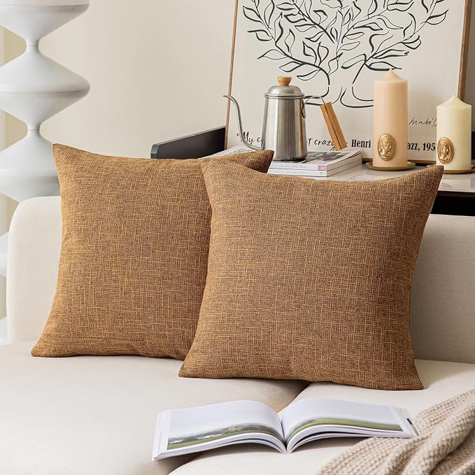 Kevin Textile Decorative Throw Cushion Covers Farmhouse Cushion Case Indoor Outdoor, Set of 2, 22 x 22 inches (55x55cm), Hazel Brown