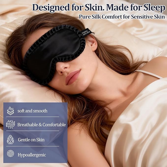 Silk Sleep Mask for Women, 100% Mulberry Silk Eye Mask, All-Silk Filled, Adjustable Elastic Strap with Elegant Wave Trim, Blackout Soft Eye Cover, Travel & Gift (Black)