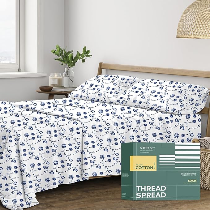 THREAD SPREAD 100% Organic Cotton Sheets California King Size - Organic Cotton Cal King Size Percale Sheet Set (4 PC, Floral Blue), Soft, Cooling & Crisp, 16" Deep Pocket Hotel Quality Bedding Set
