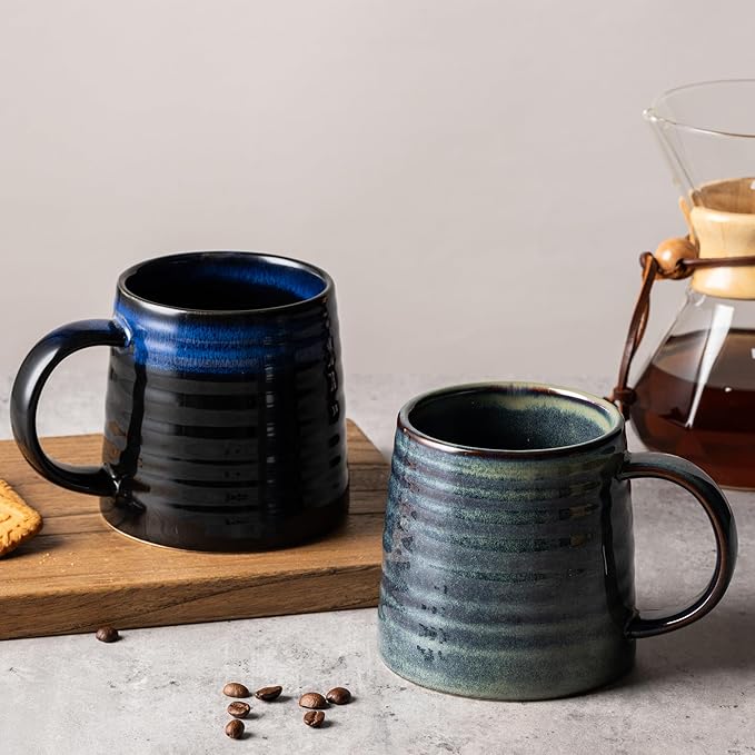 15.5 Oz Large Reactive Glaze Ceramic Mug, Heavy Weighted Stoneware Coffee Cup, Wide Base, Thick Wall Big Tea Cup with Custom Package Box, Microwave & Dishwasher Safe (Dark Green)