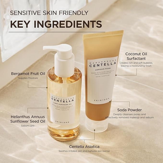 SKIN1004 Centella Double Cleansing Duo, Cleansing Oil 6.76 fl.oz & Ampoule Foam Cleanser 4.23 fl.oz, Korean Gentle Face Cleanser Gift Set, Makeup Remover with Madagascar Centella, Korean Skincare