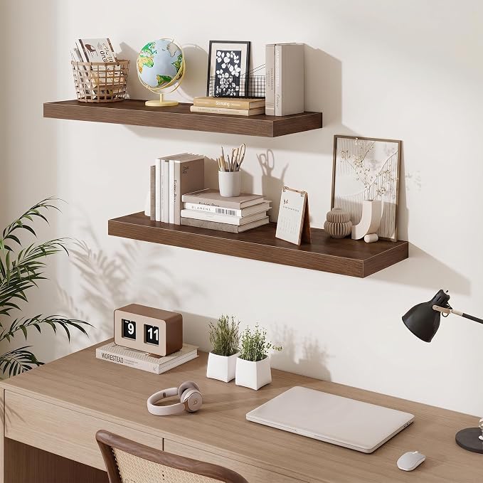 Fun Memories Floating Shelves for Wall 36 Inches, Wood Shelves with Invisible Bracket, 10" Deep Shelves Wall Mounted, Large Wood Floating Shelves for Living Room Bathroom, Walnut, Set of 2