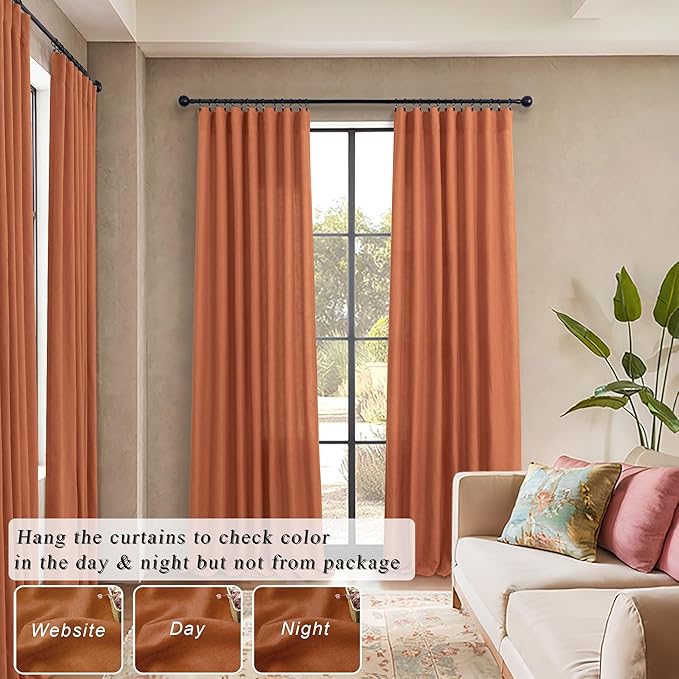 Burnt Orange Curtains 96 Inches Long for Living Room 2 Panels Back Tab Pocket Draperies Semi Sheer Linen Boho Fall Curtain for Bedroom Rustic Cottage Decor Terracotta Colored Tangerine Pumpkin 52x96