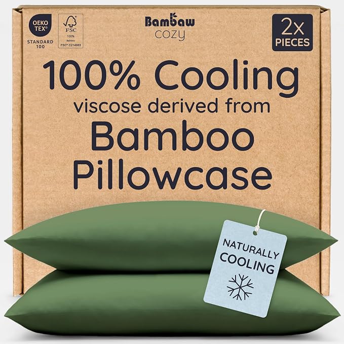 Bambaw 100% Viscose Derived from Bamboo Pillowcase King Size – Set of 2 Cooling Pillow Cases King with Envelope Closure, Breathable & Super Soft Pillow Cases (Olive)