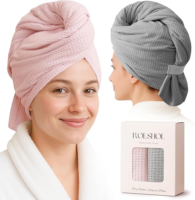 ROLSHOL 2 Pack Microfiber Hair Towel Wrap for Women, 32" x 11" Waffle Weave Hair Plopping Towel for Curly, Long & Thick Hair, Anti-Frizz Hair Turbans for Wet Hair (Pink, Grey)
