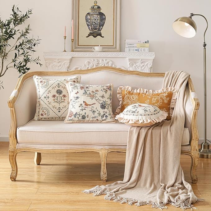 ISAENNE Design Rectangular Floral Linen Throw Pillow Covers 12"x20" Pack of 2, Ginger Simple Elegant Flower Pattern Cushion Covers Decor Pillowcases for Bed,Living Room,Outdoor,Car