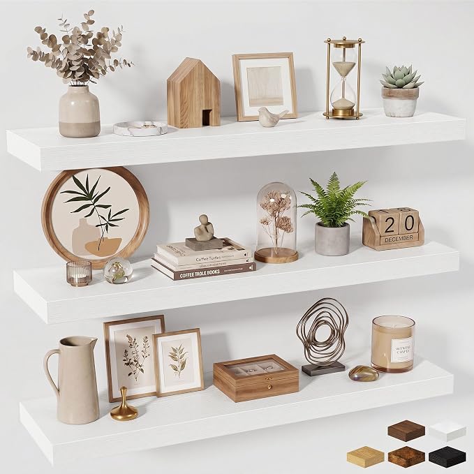 Fun Memories Floating Shelves Set of 3, 40 Inch Long Wooden Wall Shelves, 10 Inch Deep Wall Mounted Storage Shelf with Metal Brackets for Living Room, Bathroom, Bedroom and Kitchen, White