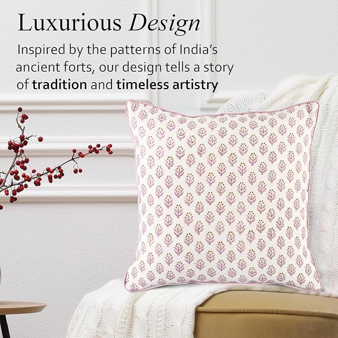 CPC Throw Piping Pillow Covers for Couch, 18x18 Inch Pillows for Living Room, 100% Cotton Boho Cute Outdoor Pillows, Flower Cushion Covers Gift for Spring, Easter - Cottage Mauve Bloom