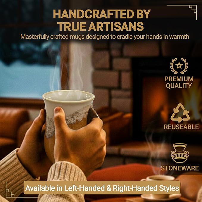 Clay in Motion Hand Warmer Coffee Mug – Handmade Coffee Mug With Comfortable Handle Contoured Pocket Hand Warming Ceramic Coffee Mug – Proudly Made in USA – Right Handed – 14 Oz - Desert Sand