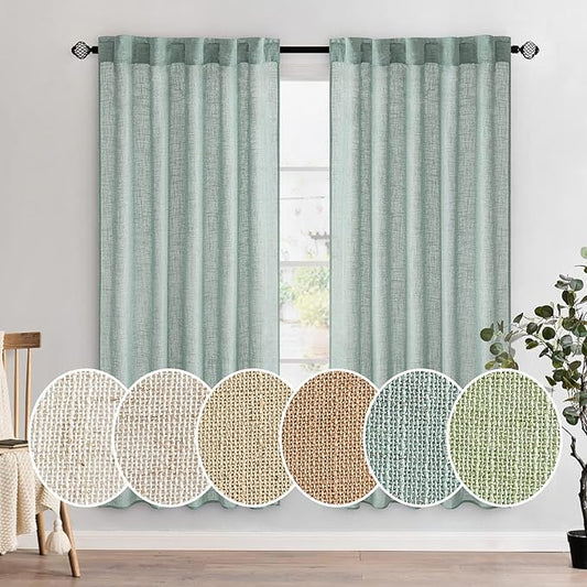 MIULEE Sea Green Linen Curtains 72 Inch Length for Bedroom Living Room, Soft Thick Linen Textured Window Drapes Semi Sheer Light Filtering Back Tab Rod Pocket Burlap Look Aqua Decor, 2 Panels