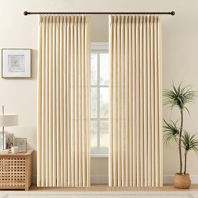 IVAPUPU Sheer Curtains 84 Inches Long for Living Room, Pinch Pleated Linen Blend Curtain Rustic Textured Light Filtering Back Tab Drapes with Hooks Rings for Bedroom Dining Room, Sand Beige, W40xL84