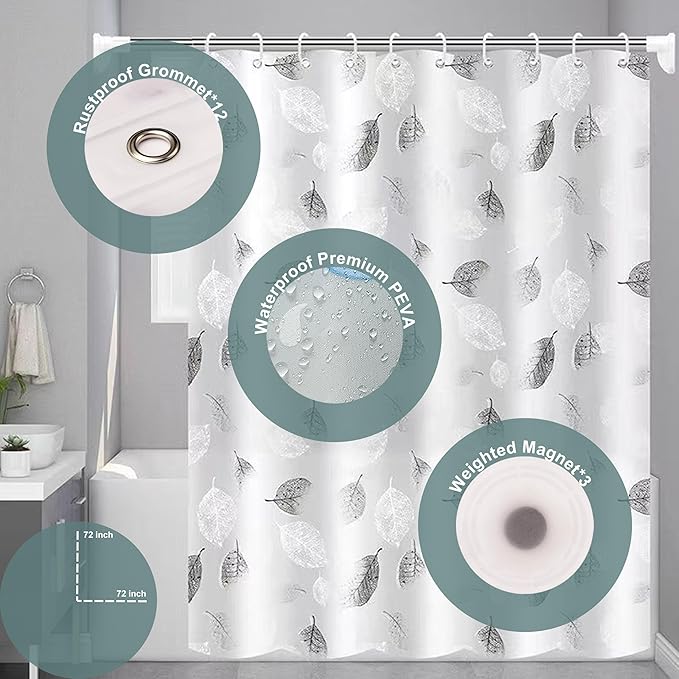 Plastic Shower Curtain Liner, Premium PEVA 6G Gray Leaf Shower Curtain, Shower Curtains for Bathroom with 3 Magnetic Weights and Rustproof Grommets (Gray Leaf, 72x72 in)