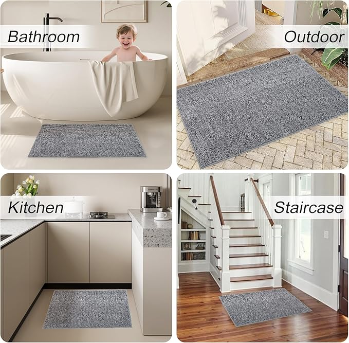 HDFK Bath Mat Non Slip 24x16 Inches Bathroom Rugs 2 Tone Soft Chenille Medium Pile TPR Backing | Absorbency Solid Black White | Shower Rug for Sink Area Wet Dry Transition Stain Resistant Decor