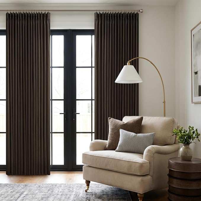 Dark Chocolate 102 Inch Pinch Pleated Linen Curtains 2 Panels Set for Living Room Bedroom Boho Farmhouse Light Filtering Semi Sheer Back Tab Pinch Pleat Hooks Rings Window Curtain 102 Inches Long