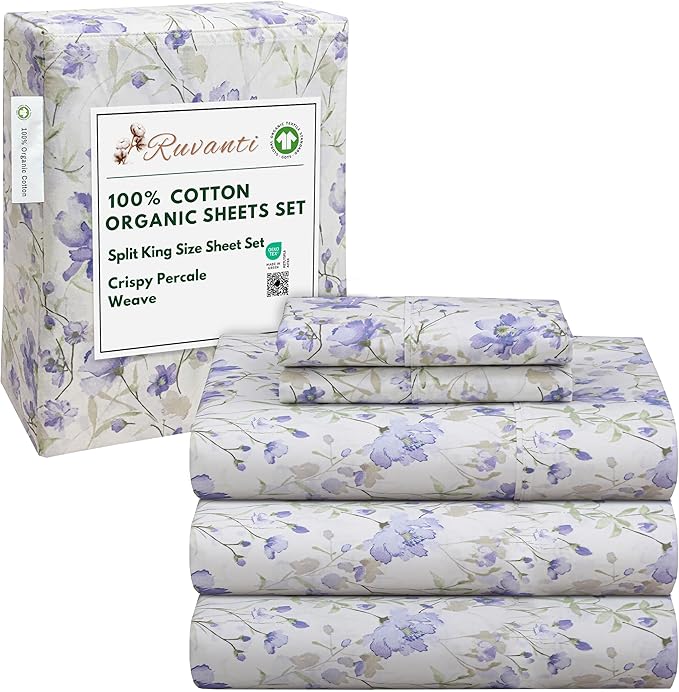 RUVANTI 100% Cotton Organic Percale Sheets Split King Size – Crisp Cooling Bed Sheets for Hot Sleepers, Deep Pocket 15”, Soft Peach Finish, Breathable & Durable Hotel-Style 5 Pcs, Heather