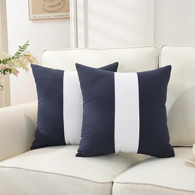 TAOSON Set of 2, Navy Blue 100% Cotton Canvas Patchwork Throw Pillow Covers 18x18 Inch, Modern White Striped Farmhouse Decor Cushion Covers for Sofa Couch Bedroom Living Room