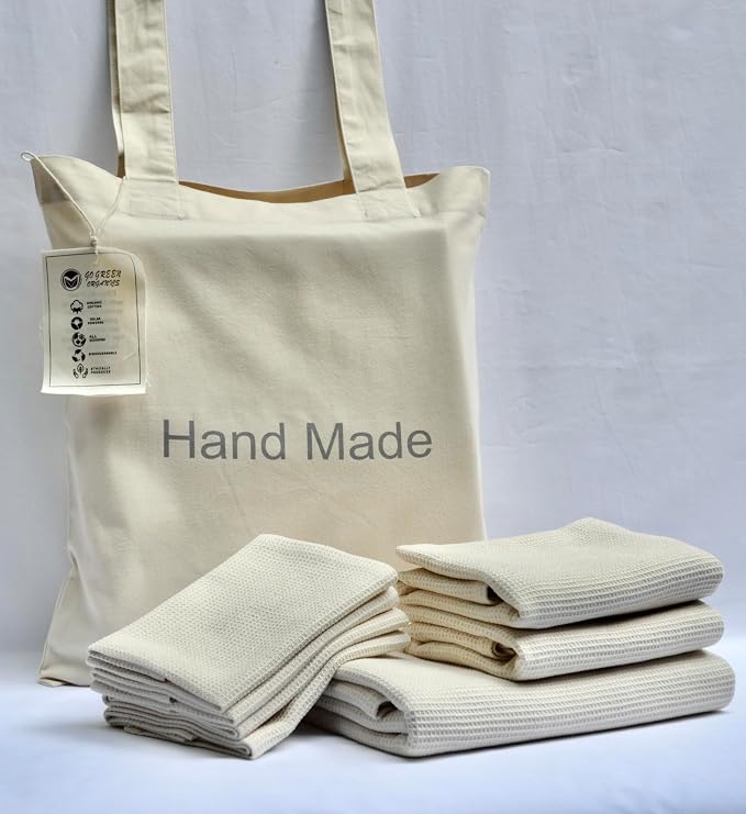 Organic Cotton Waffle Bath Towel Set, Handmade, Certified GOTS, Set of 7 (1xBATH 58x30.5, 2xHAND 29x20, 4xFACE 12x12 INCH), Natural, No Colour, No Softeners