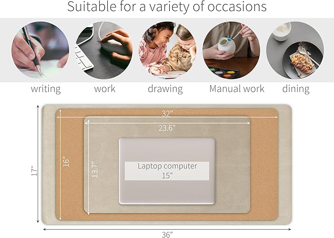 RENMTURE Desk Pad, Cork & PU Leather Desk Mat, Large Mouse pad, Non-Slip Desk Protector and Blotter, Waterproof Writing Pad, Desk Accessories and Organizers for Home Office (Golden,32"x16")