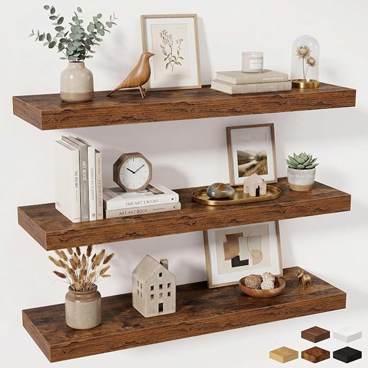 Fun Memories Floating Shelves for Wall 36 Inches, Wood Shelves with Invisible Bracket, 10" Deep Shelves Wall Mounted, Large Floating Shelves for Living Room Bathroom, Rustic Brown, Set of 3