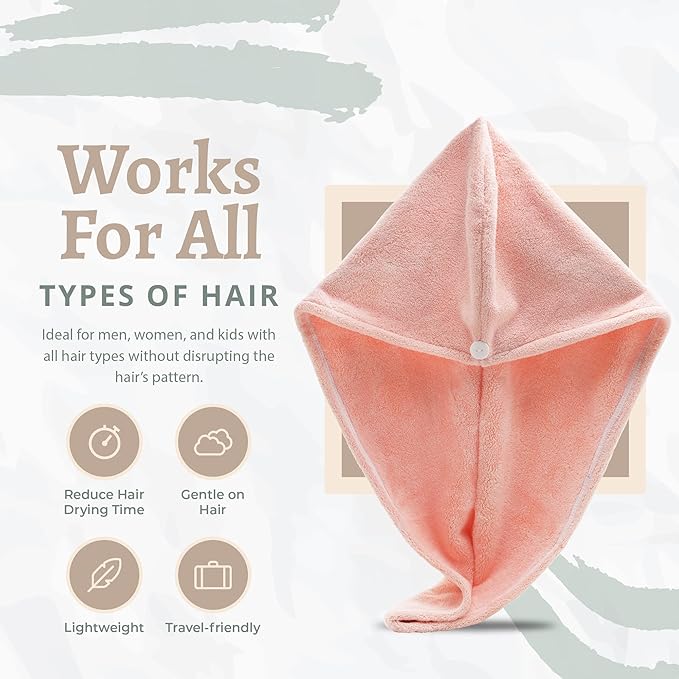 Microfiber Hair Towel Wrap - Super Absorbent Twist Turban Dry Hair Cap with Button Fasten Loop