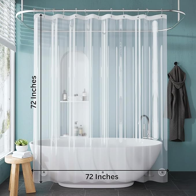 RELY+ Shower Curtain Liner 72 x 72 | Heavy Clear PEVA, 90 GSM Premium Thickness | Waterproof, Odour-Free, Rustproof Grommets, 3 Magnetic Weights, Eco-Friendly, Standard Fit