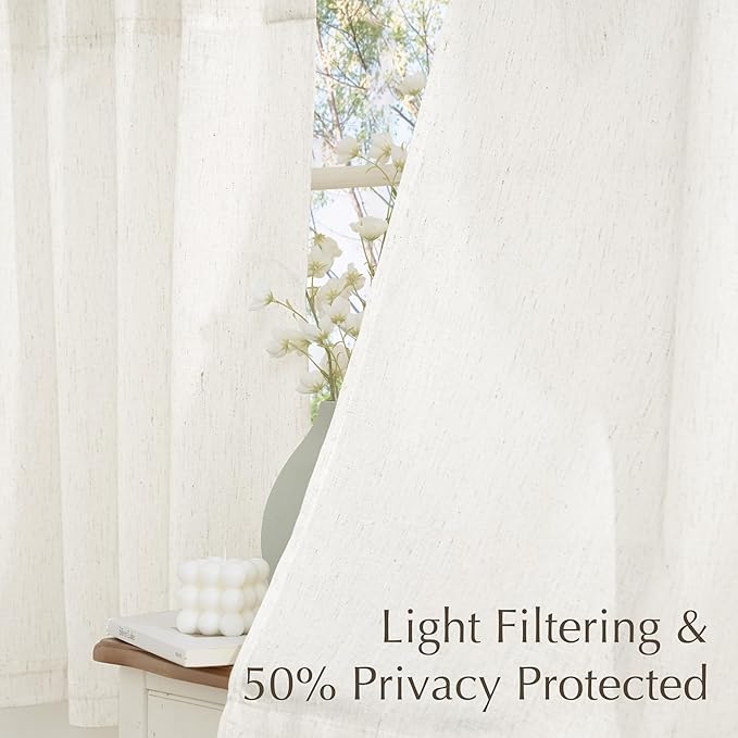NICETOWN Cream Linen Kitchen Curtains 18 inches Long, Rod Pocket & Back Tab Thick Flax Blend Privacy with Light Filtering Short Window Treatments for Cafe, W55 x L18, 2 Panels