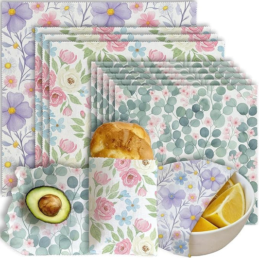 Reusable Beeswax Wraps, 9 Pack Eco-Friendly Food Storage, Organic Cotton, Sustainable, Zero Waste, Plastic-Free, For Sandwich, Bread, Bowl, 1XL, 3M, 5S, Assorted Floral & Eucalyptus Designs