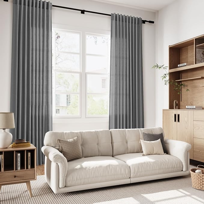 Blazer Grey Linen Curtains 72 Inch Long for Living Room Bedroom Lightweight Door Drapes 2 Panels Set, Semi Sheer Light Filtering Back Tab or Rod Pocket Curtain,52x72