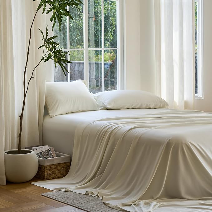 DOZ Sheet Set, 100% Viscose derived from Bamboo, Organically Grown, Buttery Soft, Cooling Sheets, High GSM, Deep Pockets - 3 Piece - 1 Pillowcase 1 Fitted Sheet 1 Top Sheet (Ivory, Twin)