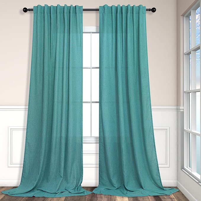 Mid Century Modern Teal Curtains 96 Inches Long 2 Panels for Living Room Bedroom Linen Sheer Semi Privacy Lightweight Light Filtering Drapes for Dining Room Office Farmhouse Coastal Decor 52x96 Length