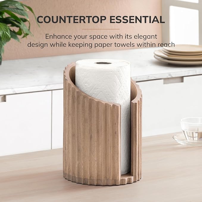 Anji Mountain Wooden Paper Towel Holder with Iron Holder, Holder Stand for Kitchen Roll Organizer & Kitchen Dining Table Home Décor, Countertop Fits Jumbo & Mega Rolls - Biscotti/Nickel, Fluted