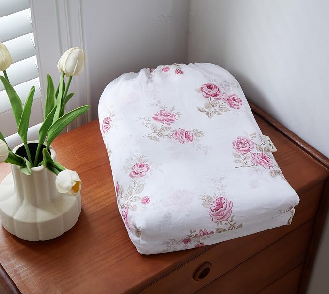 100% French Flax Linen Duvet Cover Set Queen Size, 3pcs Comforter Digital Botanical Printed Rose Farmhouse Floral Bedding with Button Closure and 8 Corner Ties(Pink Rose, Queen)