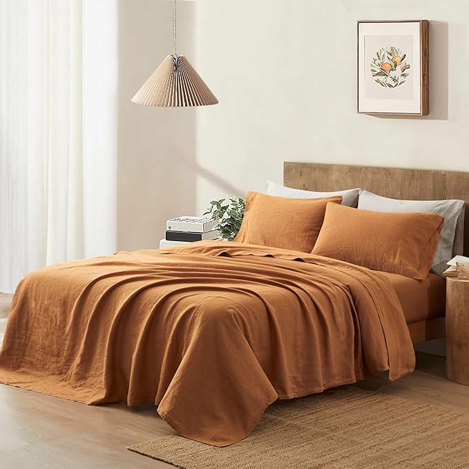 ATLINIA 100% Pure Flax Linen Bedding Set - Stone Washed French Linen Fabric Deep Pocket Fitted Sheet Farmhouse Flat Sheet 2 Pillowcases (Rust, King)