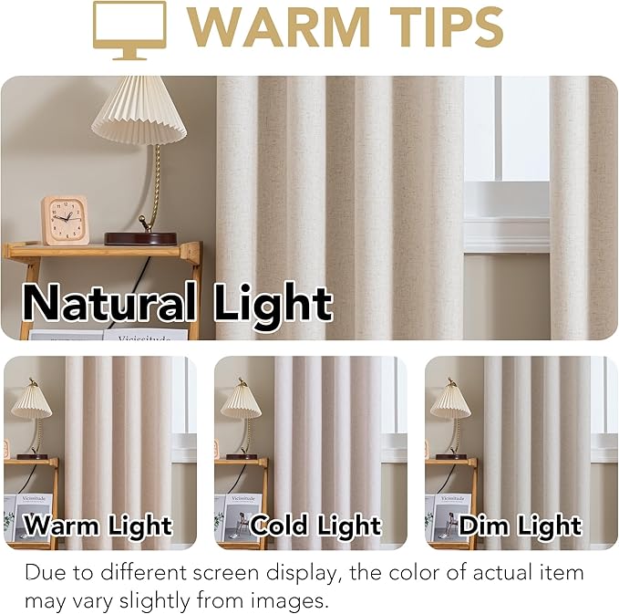 H.VERSAILTEX Linen Curtains 100% Blackout Curtains for Bedroom 120 inch Long Full Light Blocking Nature Linen Blended Window Curtains for Living Room Nickel Grommet (2 Panels, Heathered Natural)