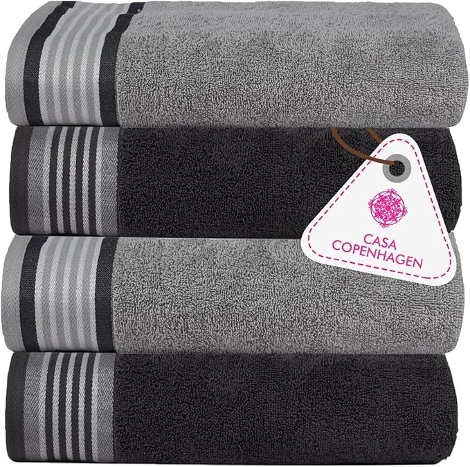 CASA COPENHAGEN He & She 4Pcs 100% Egyptian Cotton Large Designer Towels Gift Set- Grey Violet - Pine Grey, 550 GSM, 55"x27", 4Bath Towels for Bathroom (Box Pack, Set for Women & Men)