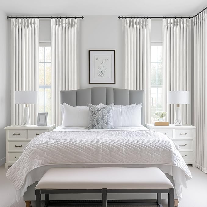 Pinch Pleated White Curtains 84 Inches Long for Living Room, Modern 100% Blackout Natural Linen Viral Windows Curtain & Drapes 84 Inch Length 2 Panel Set Dual Layer Memory Shape Pleat Dining Room Burg