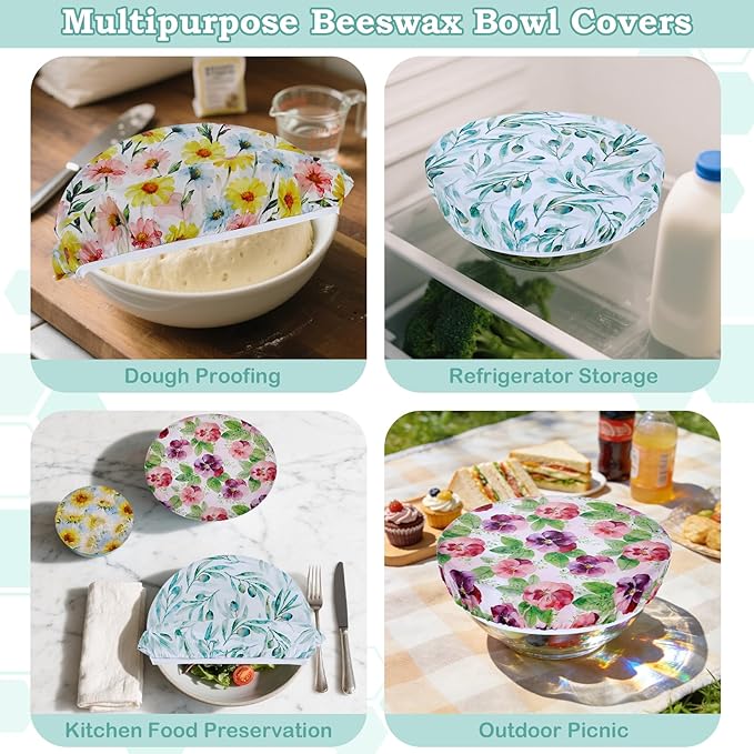 5-Size Reusable Beeswax Bowl Covers for Bread Proofing, Cotton Cloth Flexible Beeswax Wraps for Food Storage(Little Daisy)