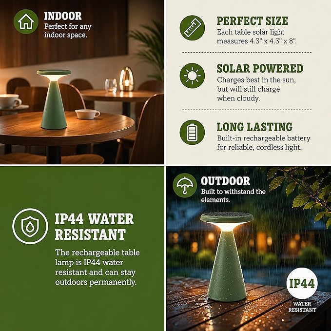 Portable Solar Powered Mushroom LED Table Lamp - Indoor/Outdoor Use - Stepless Dimming - Up to 45 Hour Rechargeable Battery - 1.6W, 160 lumens, 2700K - IP44 Weather Resistant - Green