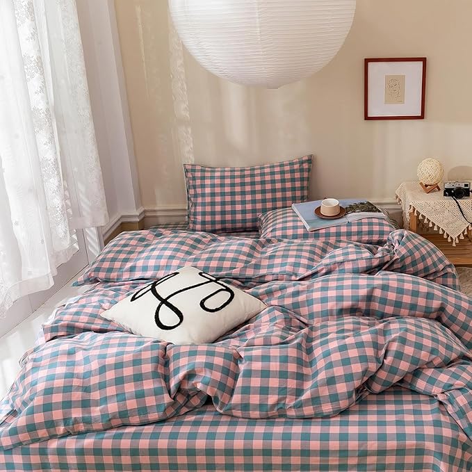 mixinni Plaid Duvet Cover Set Twin Purple - Soft Washed Cotton Modern Geometric Bedding Set with 2 Pillowcases, Pink Blue Gingham Grid Twin Duvet Cover for Men & Women, Soft & Lightweight